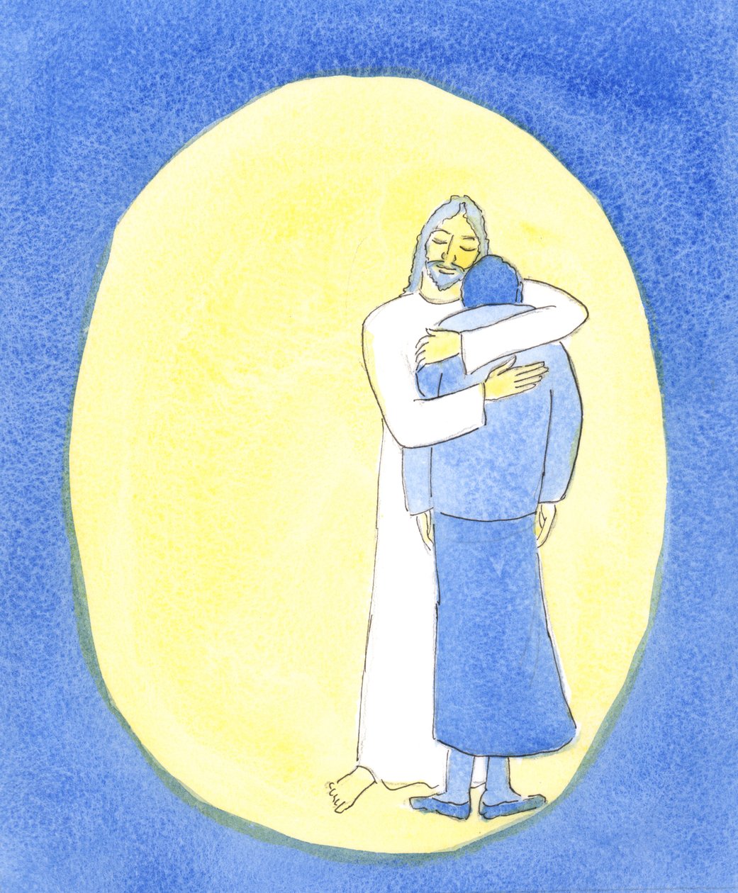 Cristo me mostrou na Sagrada Comunhão que Ele estava me abraçando, como se abraça uma criança para consolá-la, para me ajudar em minhas dificuldades., 2004 (w - c no papel) de Elizabeth Wang