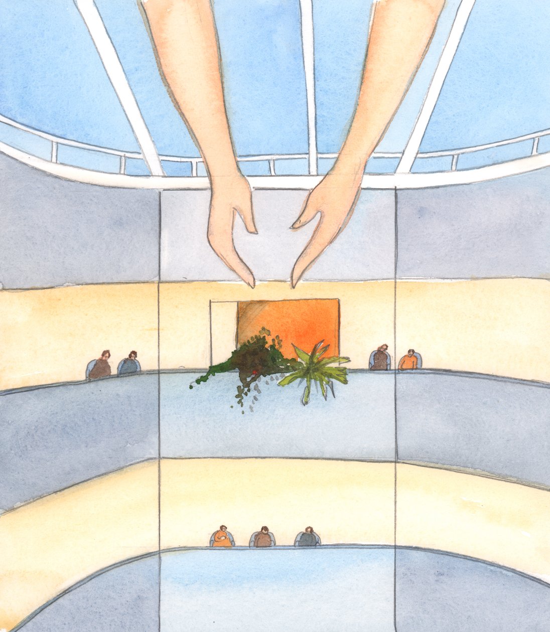 Cristo mostrou-me que de todos os andares do hospital de S. Frai em Lourdes podemos ver a luz do sol e os céus, 2005 (aguarela sobre papel) de Elizabeth Wang