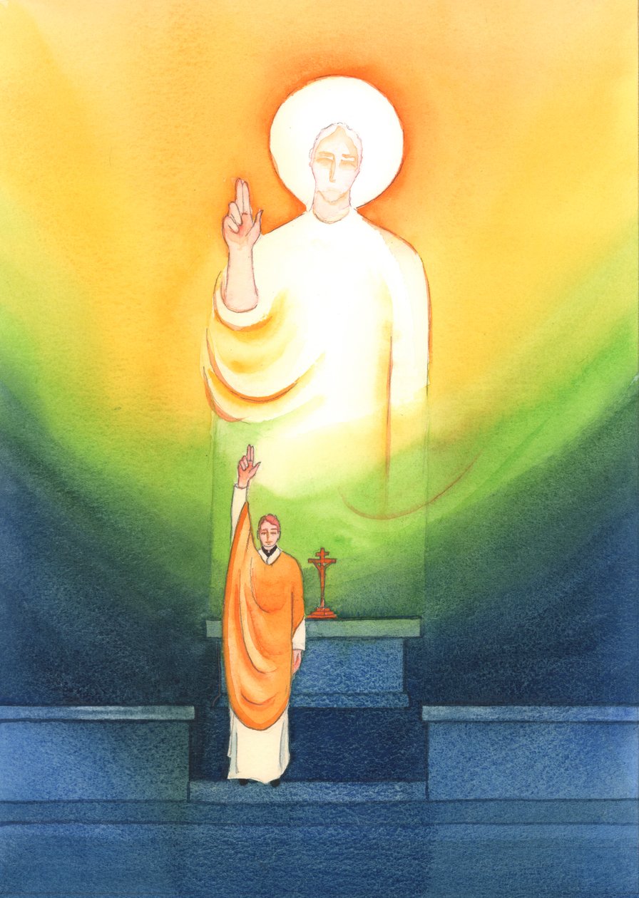 Cristo fala e age através dos seus sacerdotes, que abençoam e perdoam &39;in persona Christi capitis&39;, &39;na pessoa de Cristo, a Cabeça&39;, 2002 (w - c no papel) de Elizabeth Wang