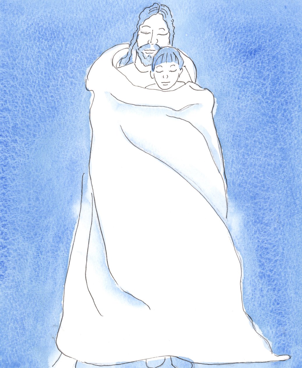 Cristo está ao nosso lado na Sagrada Comunhão, envolvendo-nos em Seu manto, como um homem cobre um amigo em uma tempestade, para manter Seu amigo perto e dar-lhe proteção, calor e consolação., 2004 (w - c no papel) de Elizabeth Wang