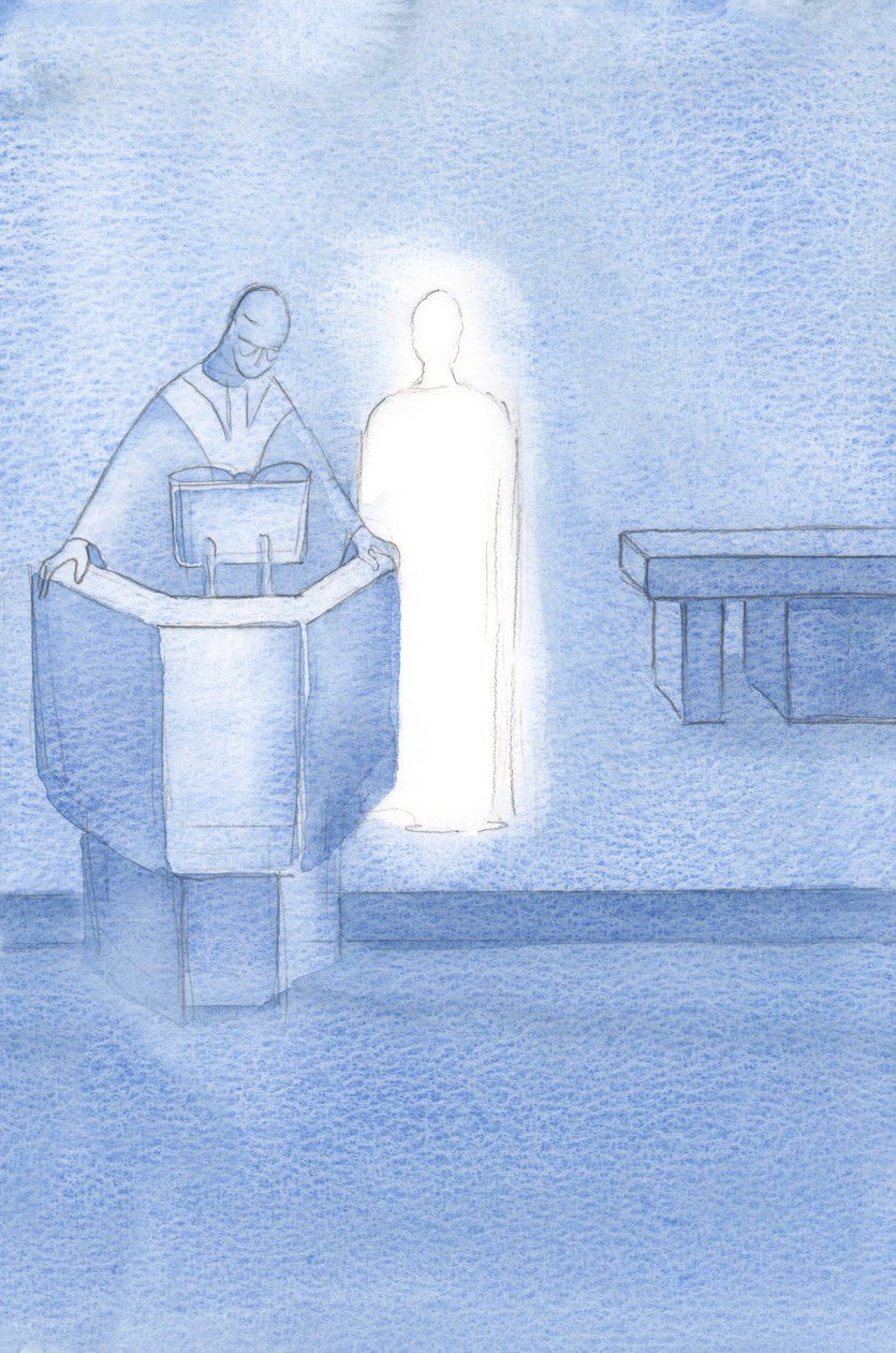 Cristo ficou ao lado do sacerdote que lia o Santo Evangelho para todos nós, que era a própria palavra de Cristo., 2000 (w - c no papel) de Elizabeth Wang
