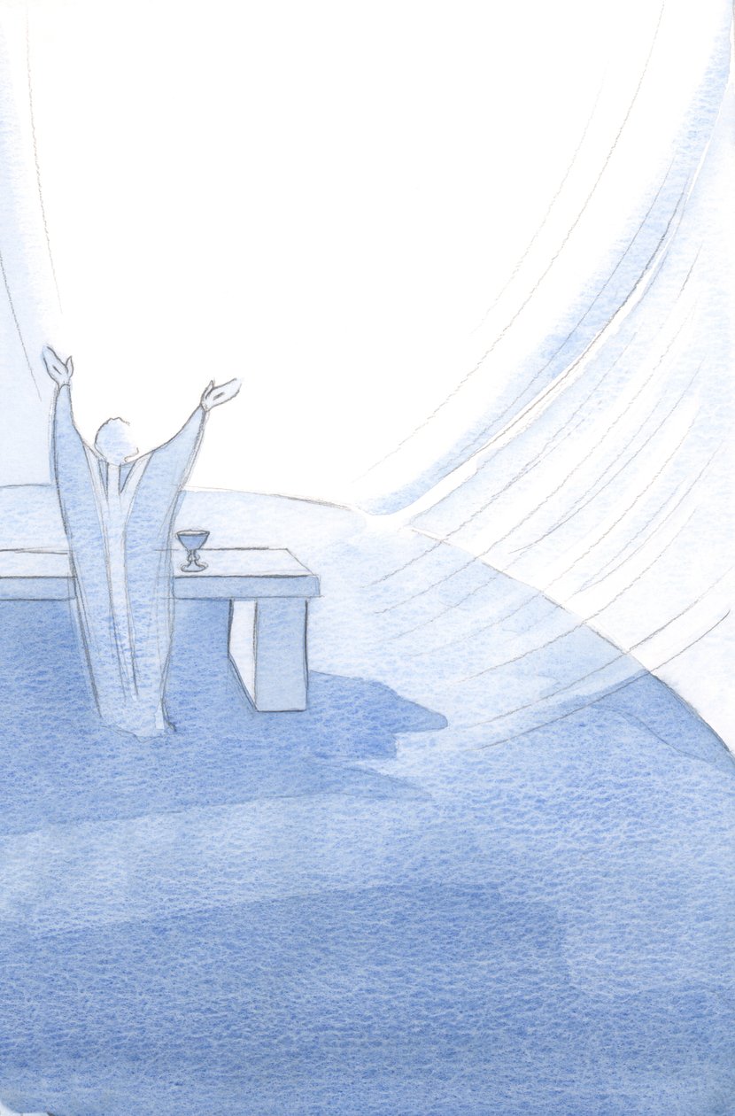 Cristo sustenta Sua Santa Igreja em cada momento de sua vida, com os braços estendidos enquanto oferece Seu Santo Sacrifício., 2001 (w - c no papel) de Elizabeth Wang