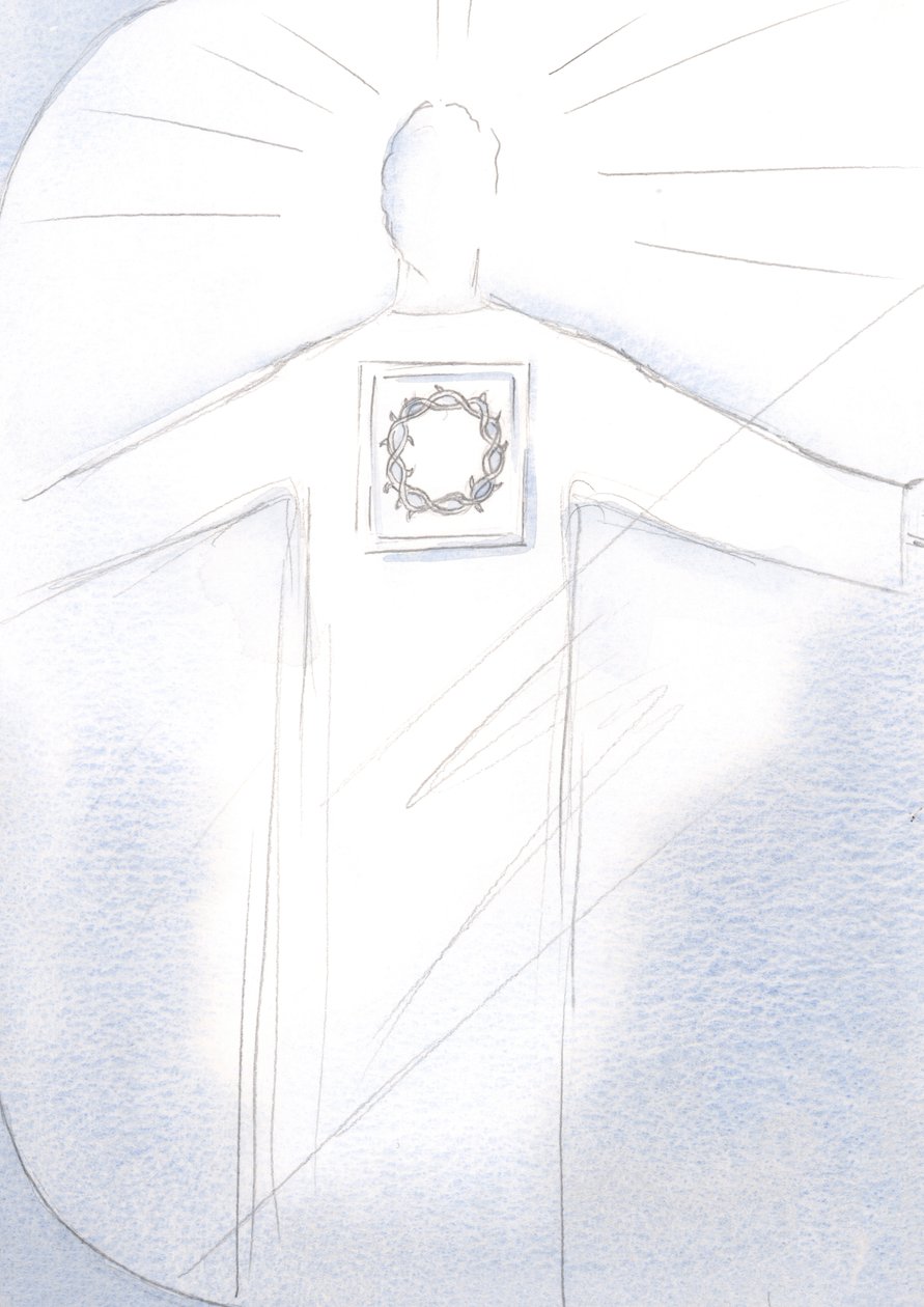 Cristo, o Sumo Sacerdote, aparece em majestade, Seu manto traz a imagem da Coroa de Espinhos, 2001 (w - c no papel) de Elizabeth Wang