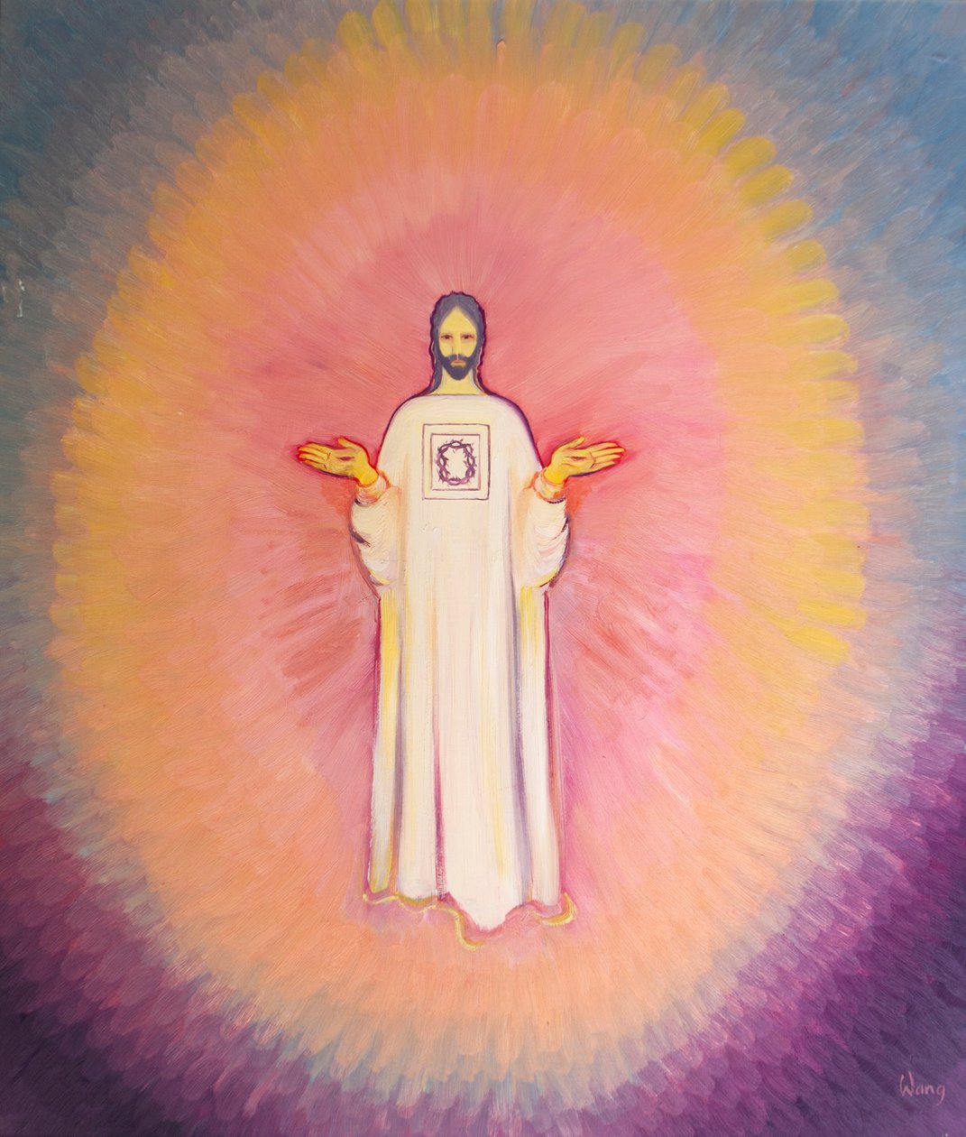 Cristo, o Sumo Sacerdote, aparece em majestade, Seu manto traz a imagem da Coroa de Espinhos, 2001 (óleo a bordo) de Elizabeth Wang