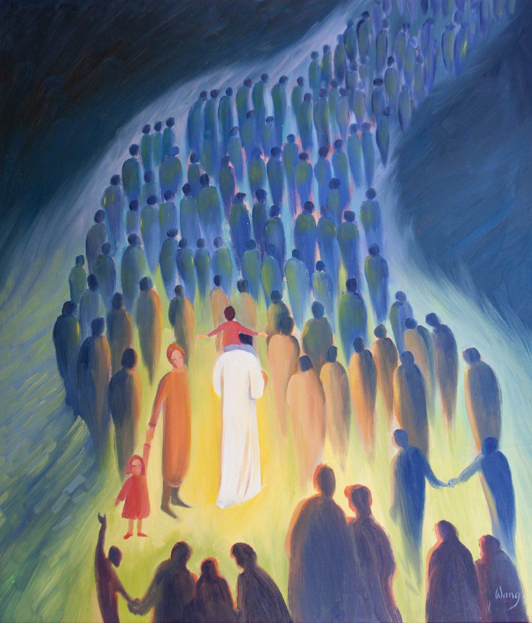 Cristo caminha entre o seu povo, com os peregrinos e os enfermos, uma criança nos ombros, 2001 (óleo a bordo) de Elizabeth Wang