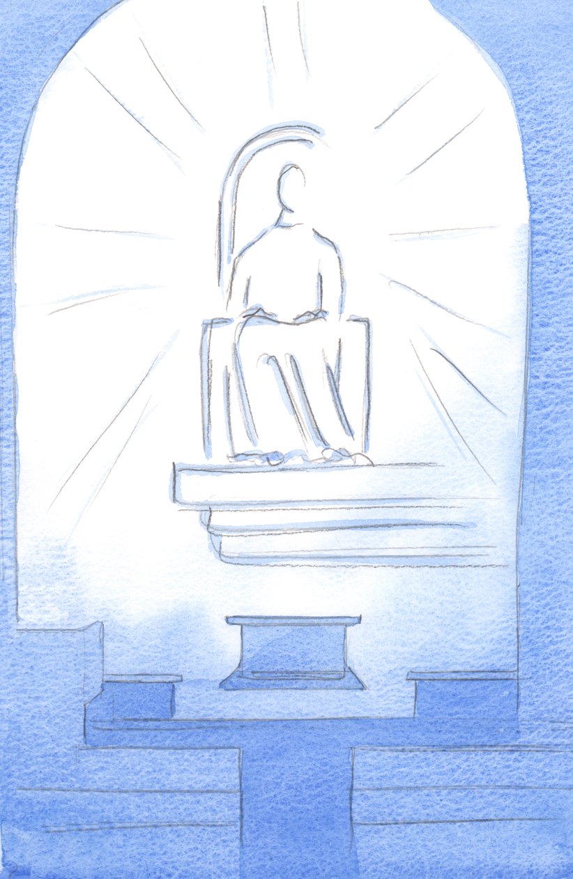 Cristo estava sentado em um trono celestial, dentro de nosso Santuário. Cristo nosso Deus é digno dos sofrimentos que suportamos por amor a Ele, 2002 (w - c no papel) de Elizabeth Wang