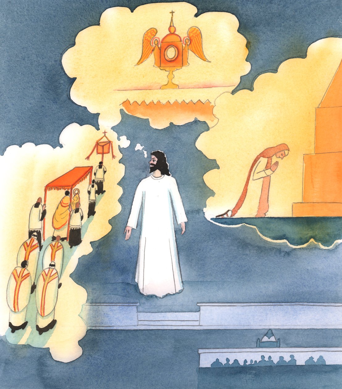 Cristo estava de pé no santuário; mas disse que estava a olhar à volta de toda a Igreja Católica na terra, dizendo: "Aqui estou eu, o vosso Divino Salvador, realmente presente entre vós, 2005 (aguarela sobre papel) de Elizabeth Wang