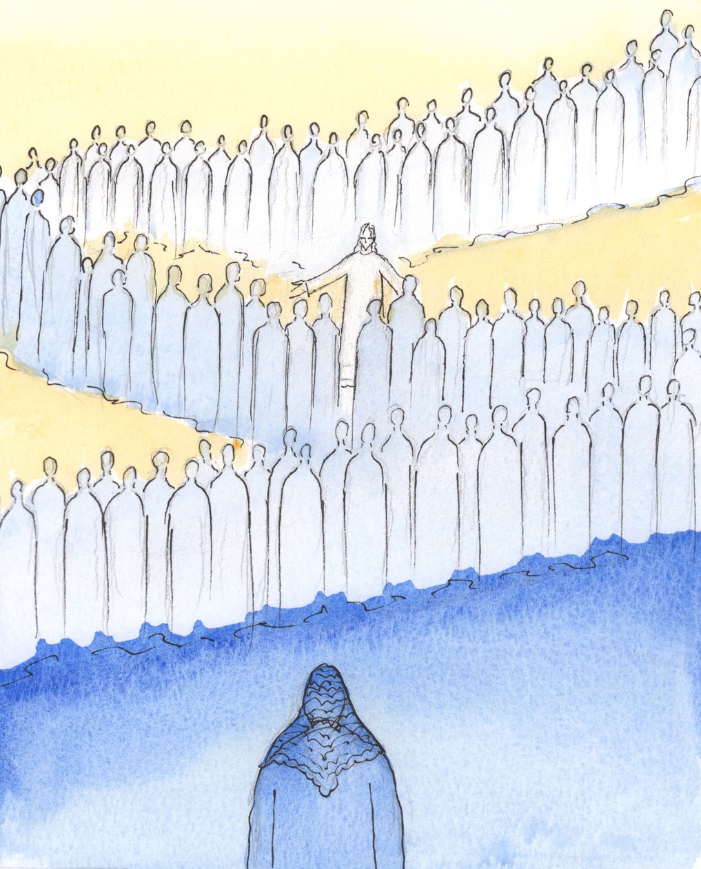 Cristo caminhava entre Seus Santos no Céu, prestando atenção pessoal a cada um deles, com olhares e gestos amorosos, 2003 (w - c no papel) de Elizabeth Wang