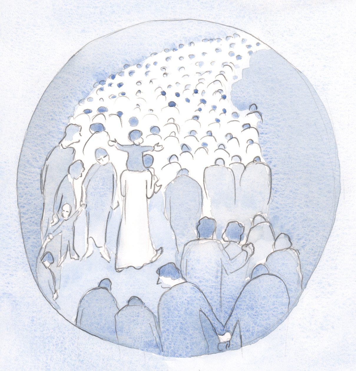 Cristo caminhava no meio do Seu povo, uma criança em Seus ombros, com os peregrinos e enfermos., 2001 (w - c no papel) de Elizabeth Wang