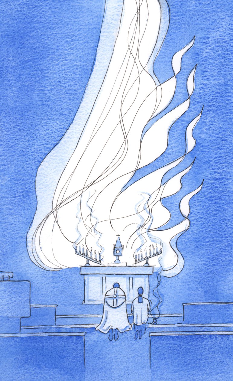 A presença real de Cristo no altar é tão gloriosa, é como se um fogo de louvor e glória voasse para o Pai, 2002 (w - c no papel) de Elizabeth Wang