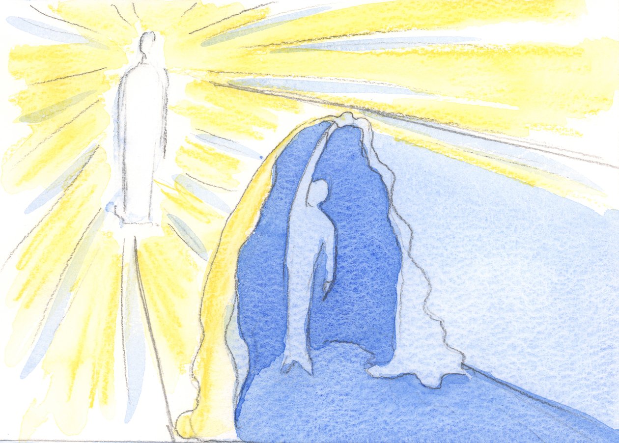 O amor de Cristo por cada um de nós é infinito e terno. As coisas dão errado na vida espiritual quando as pessoas começam a se esconder de Cristo pelo pecado ou desânimo, 2003 (w - c no papel) de Elizabeth Wang