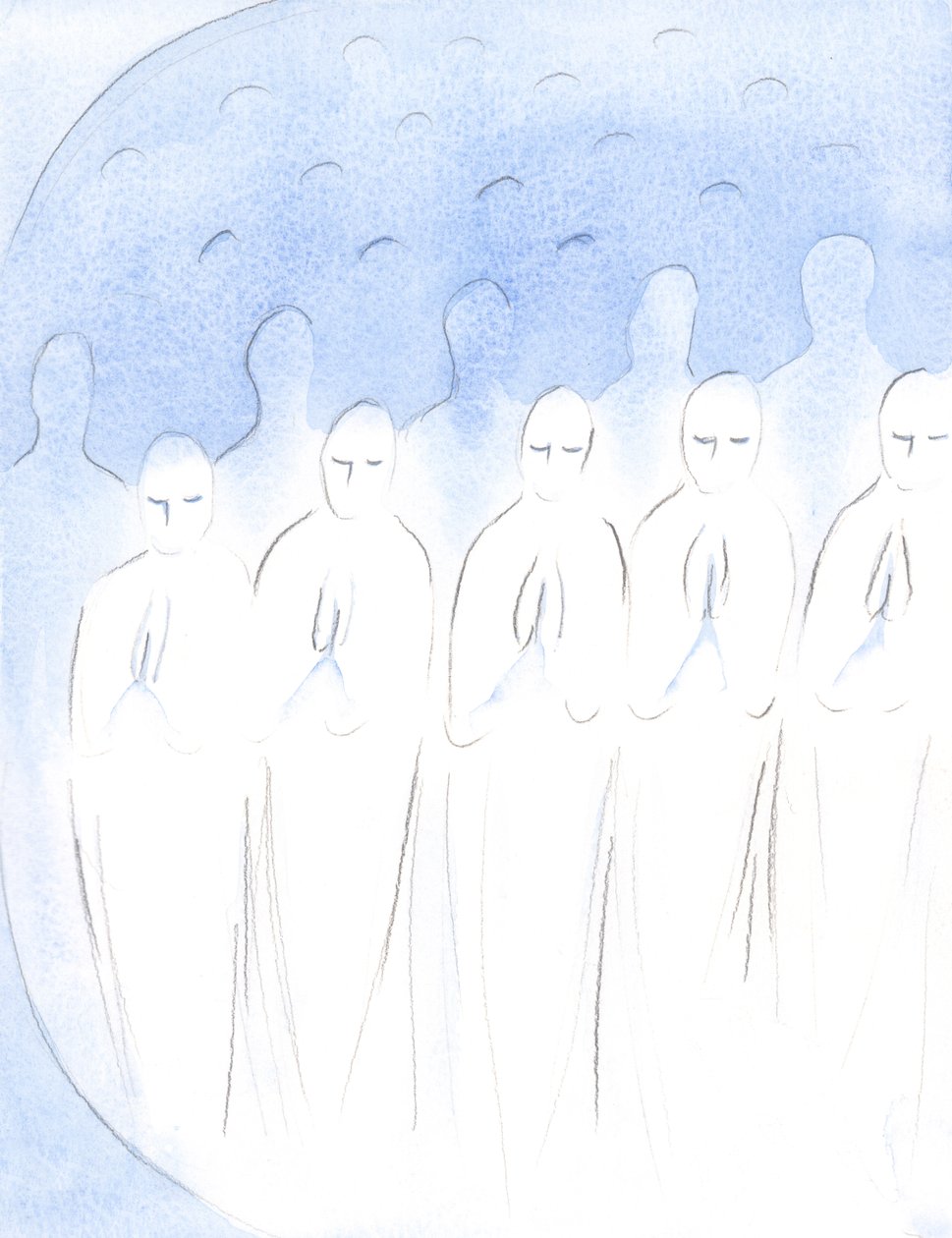 Almas que partiram que foram fiéis, mas agora passam pela purificação, ainda estão em paz, sofrendo com alegria, para serem dignas de Deus, 2001 (w - c no papel) de Elizabeth Wang