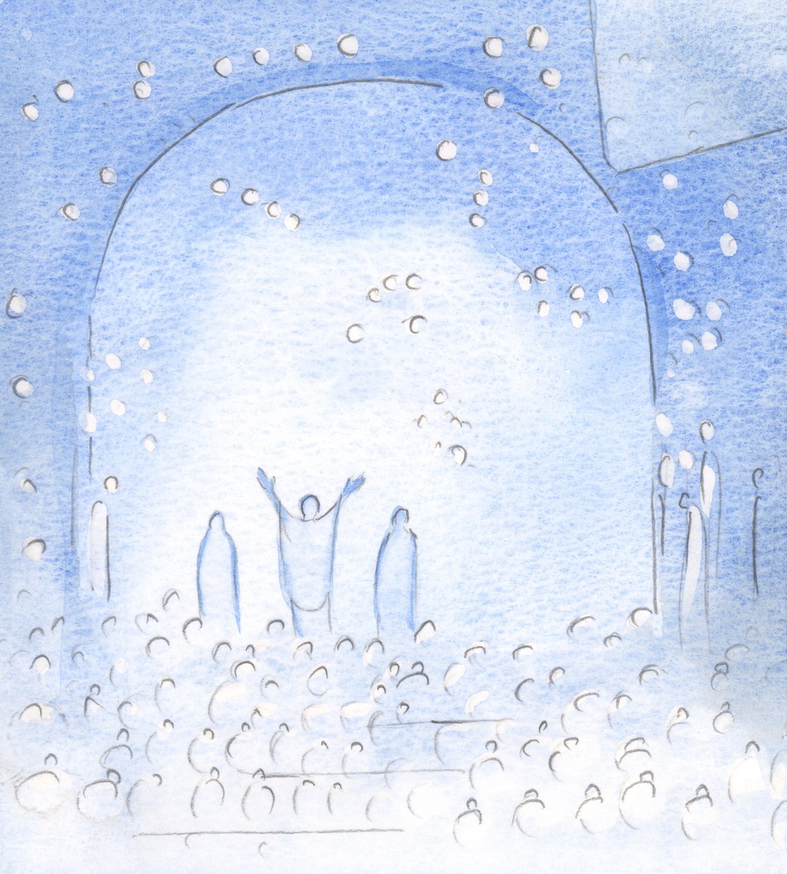 Durante o Santo Sacrifício, unimo-nos à enorme alegria e ao amor mútuo de todos os santos e de nossos queridos parentes e amigos falecidos, 2000 (w - c no papel) de Elizabeth Wang