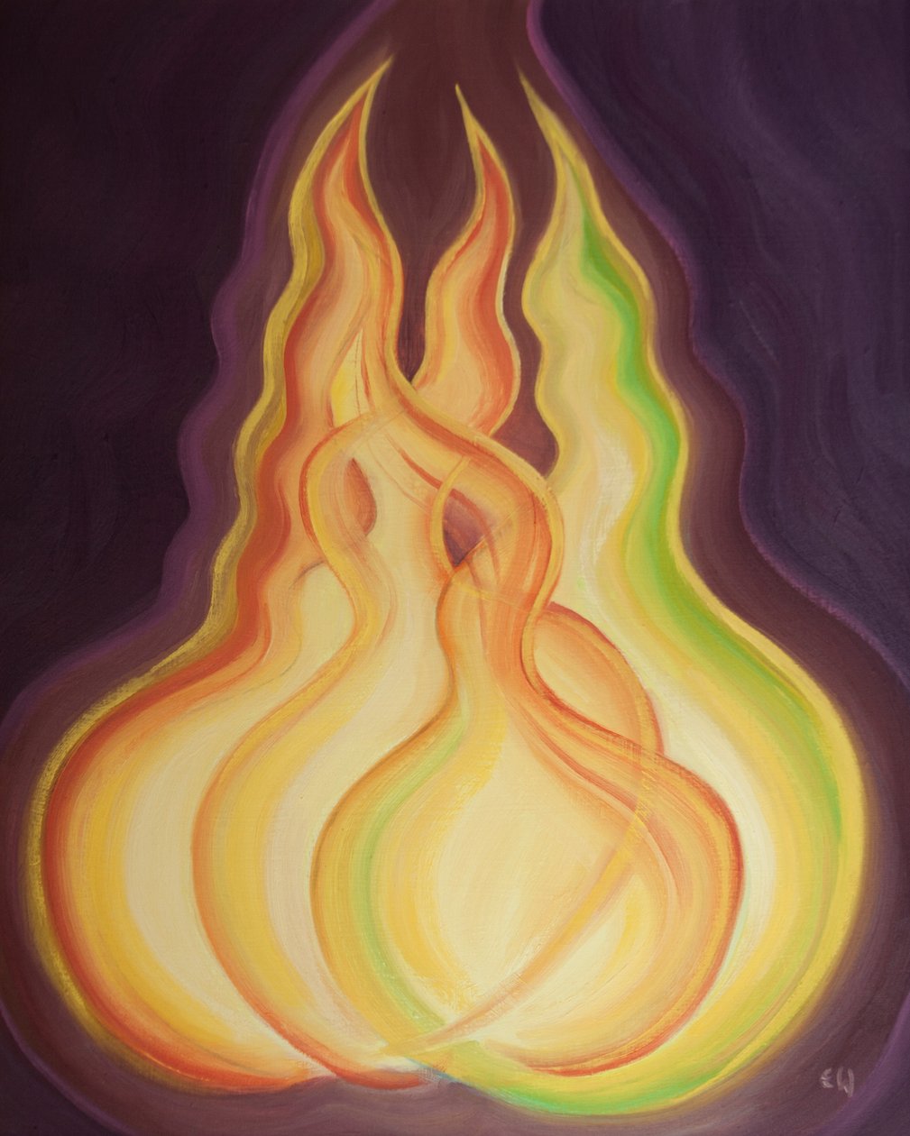 Cada Pessoa Divina, cada chama, possui a mesma Natureza Divina. Juntos, eles são um Deus, um Fogo, 2002 (óleo a bordo) de Elizabeth Wang