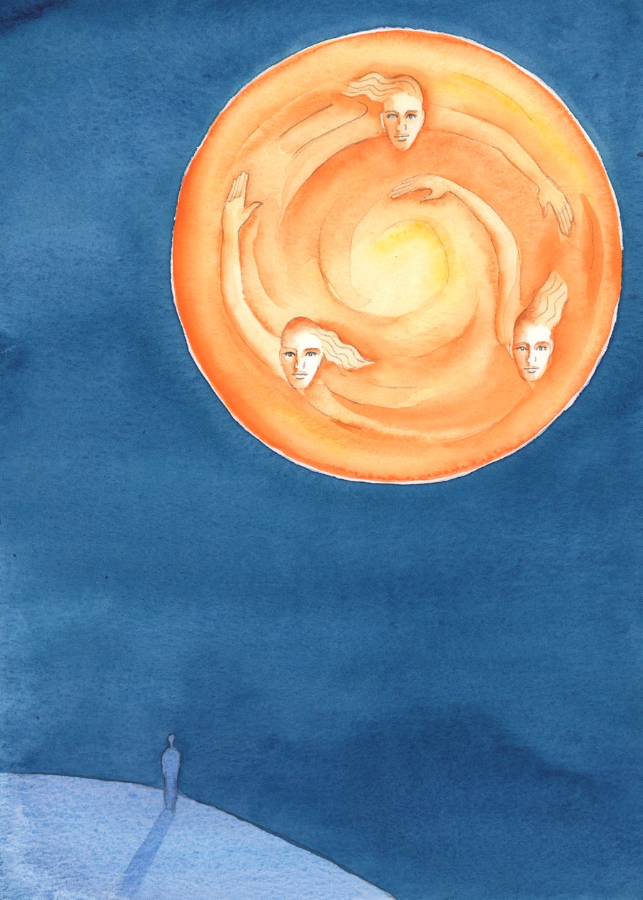 Cada pessoa na terra, marcada pelo pecado original, é convidada a compartilhar a vida das Três Pessoas Divinas, Um Deus, que vivem em infinita alegria e esplendor, 2003 (w - c no papel) de Elizabeth Wang