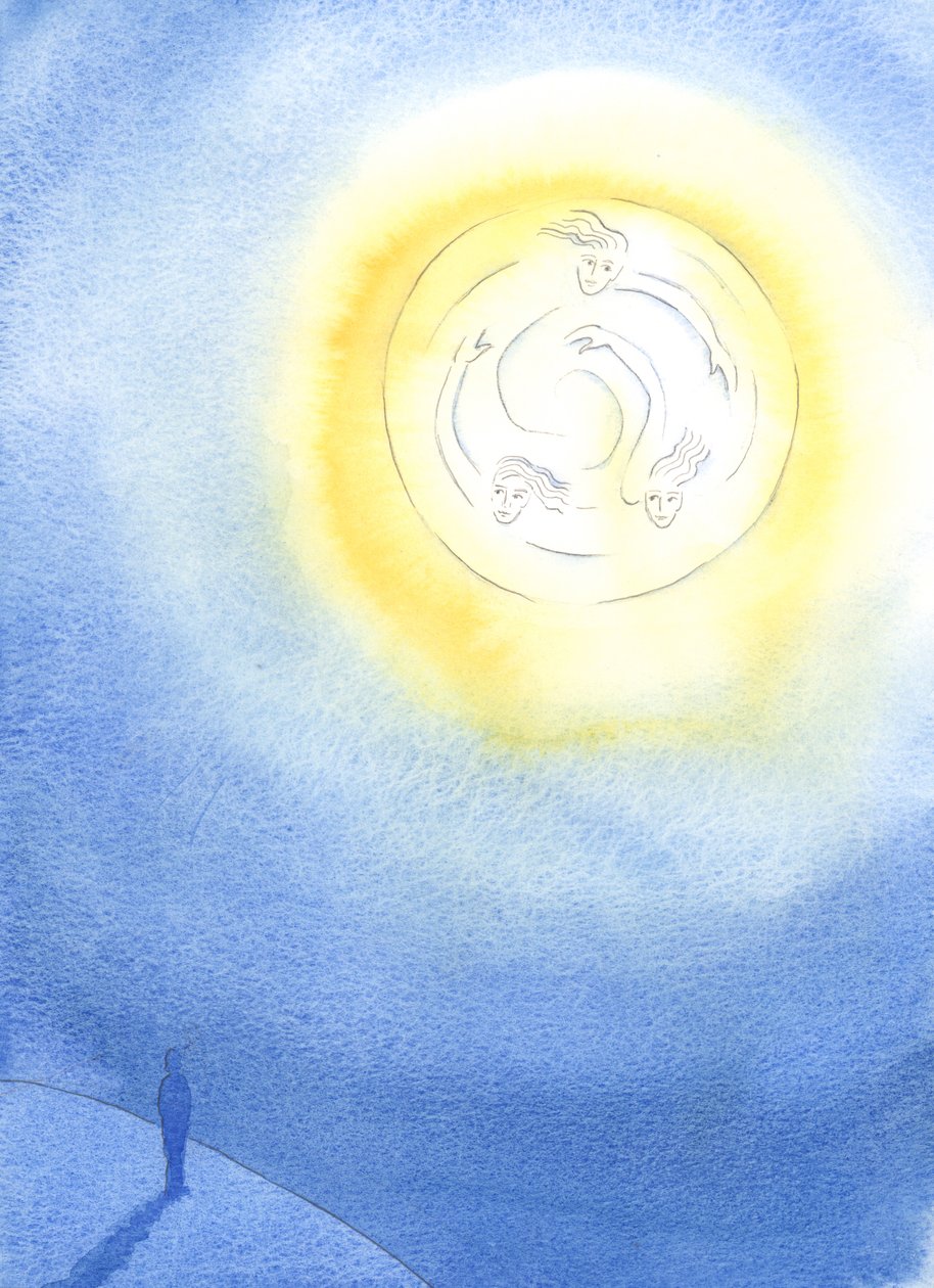 Cada pessoa na terra, marcada pelo pecado original, é convidada a compartilhar a vida das Três Pessoas Divinas, Um Deus, que vivem em infinita alegria e esplendor, 2003 (w - c no papel) de Elizabeth Wang