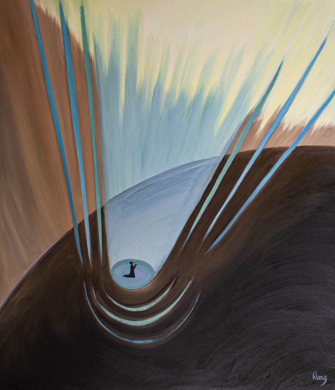 Cada ato de fé é como um grito de esperança vindo de um mundo escuro, 2001 (óleo a bordo) de Elizabeth Wang