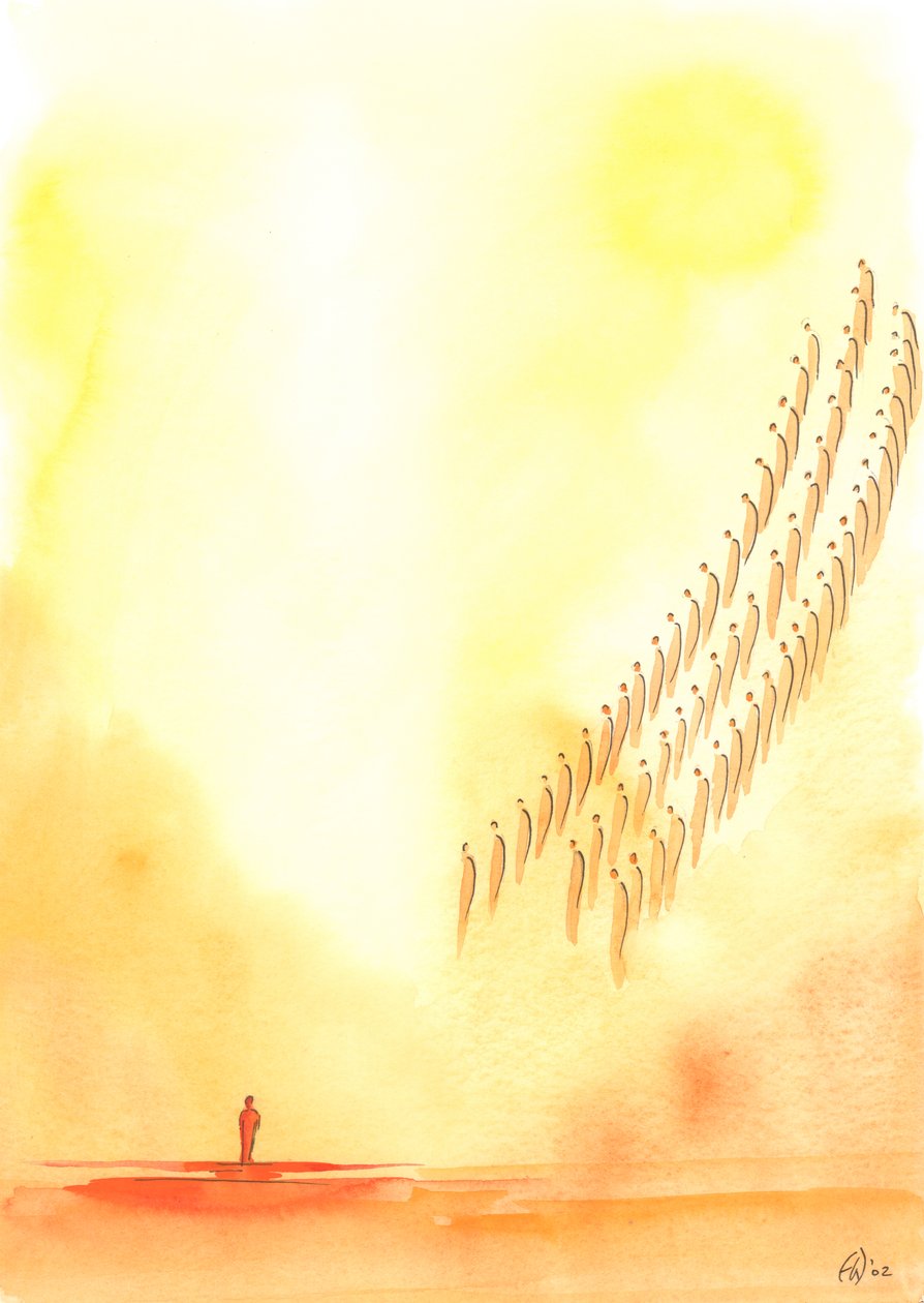Cada vez que rezamos o "Santo, Santo, Santo Senhor", juntamos nossas vozes aos santos e anjos que oferecem o mesmo louvor no céu, 2003 (w - c no papel) de Elizabeth Wang