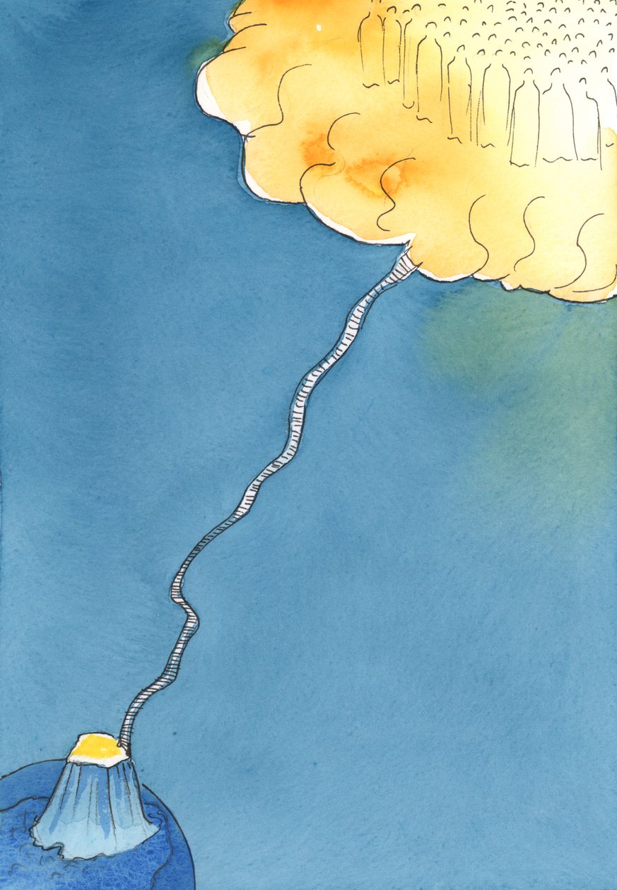 Da vida da graça, uma escada de corda subia até onde Cristo e os santos esperavam no céu para saudar aqueles que perseveraram, 2003 (w - c no papel) de Elizabeth Wang