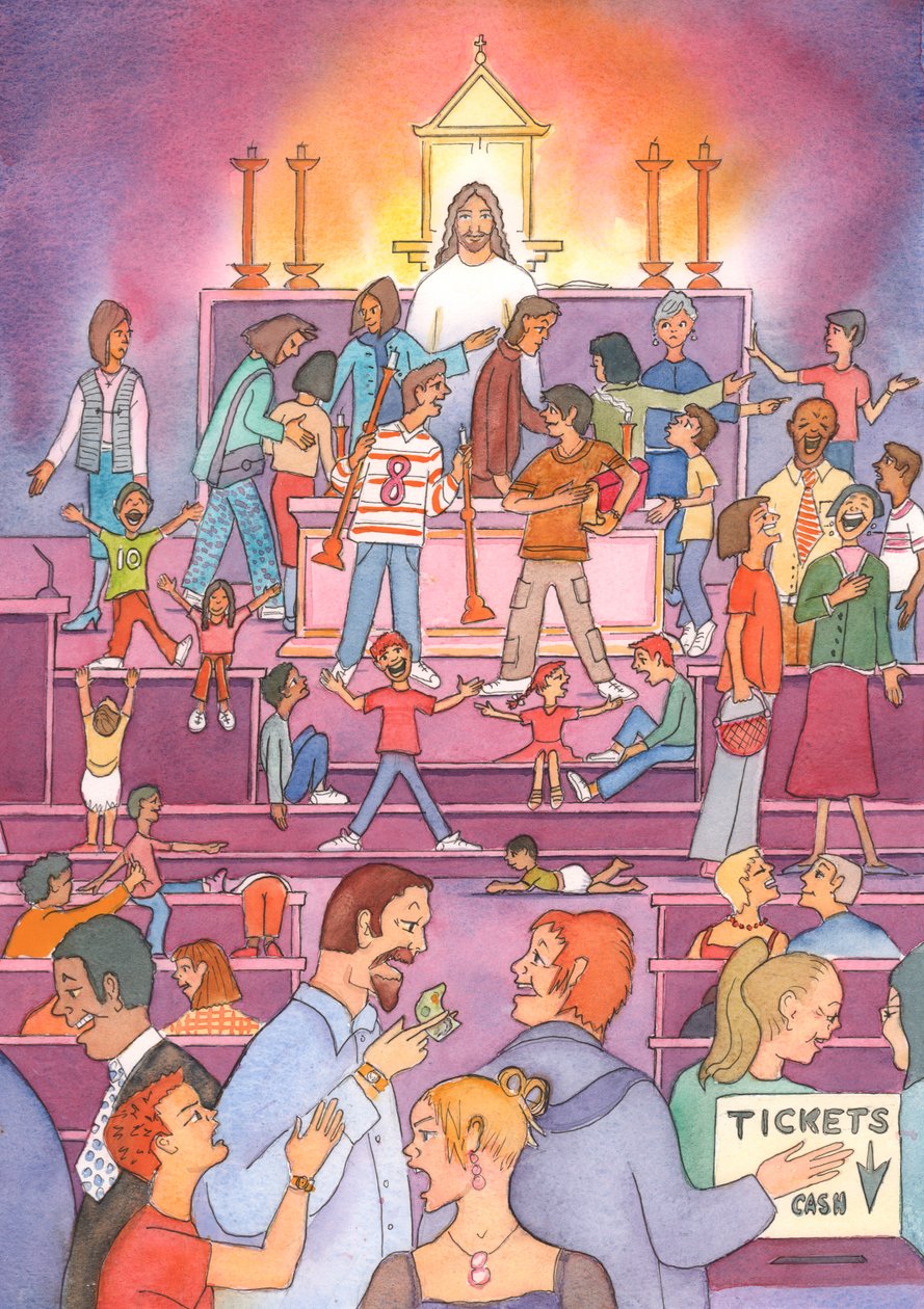 Do tabernáculo, Cristo olha com tristeza, ao ver a Sua sagrada &39;casa de oração&39; tratada como um mercado, 2002 (w - c no papel) de Elizabeth Wang