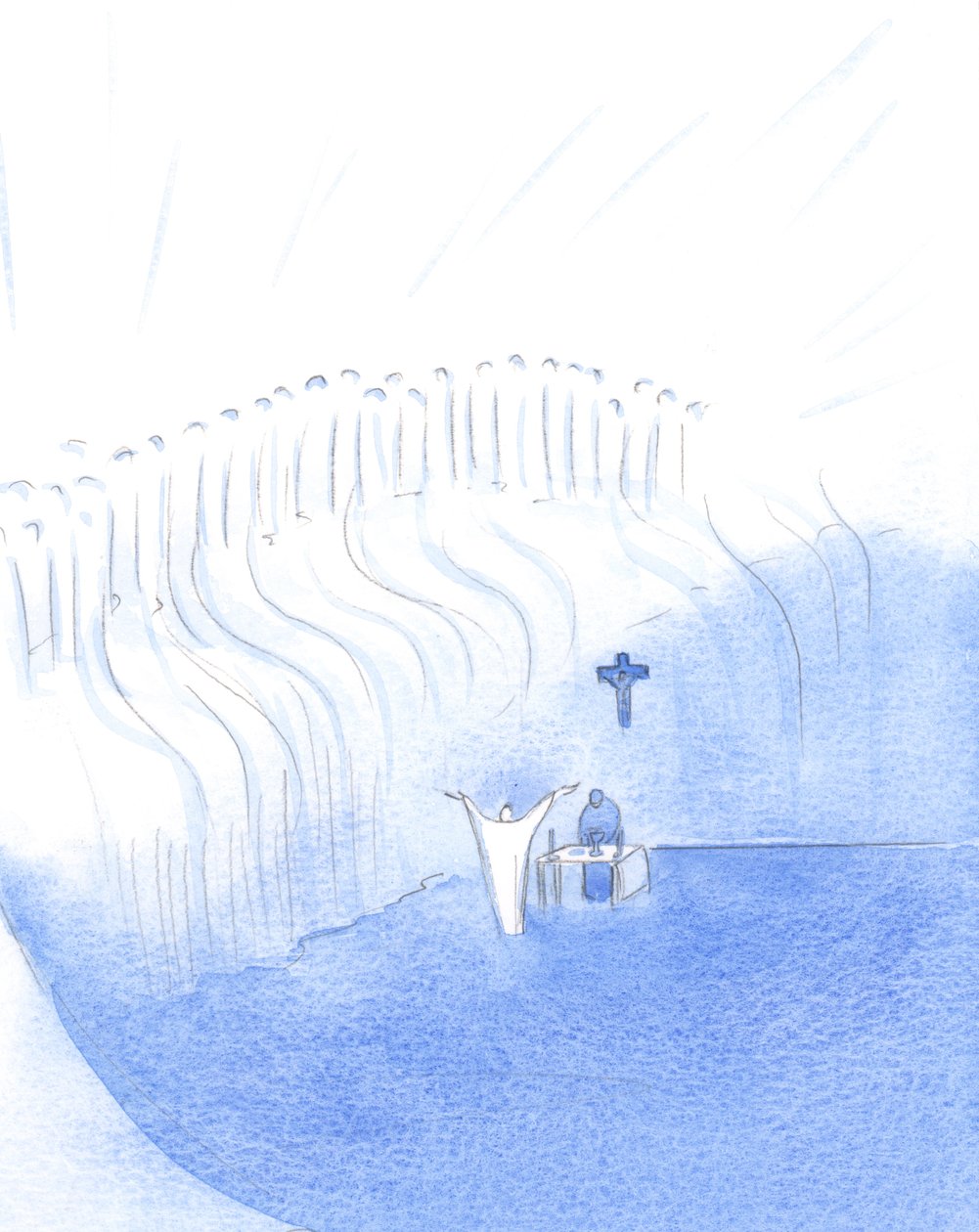 De dentro de nós, na Santa Missa, Cristo está unido com Seu Pai Celestial, e também saúda Seus Santos no Céu., 2001 (w - c no papel) de Elizabeth Wang