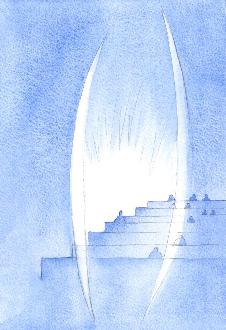 Deus guarda a alma. Ele guarda dignamente a alma que recebe a Cristo na Sagrada Comunhão. Santos Anjos estão ao nosso lado, em silêncio reverente, 2002 (w - c no papel) de Elizabeth Wang