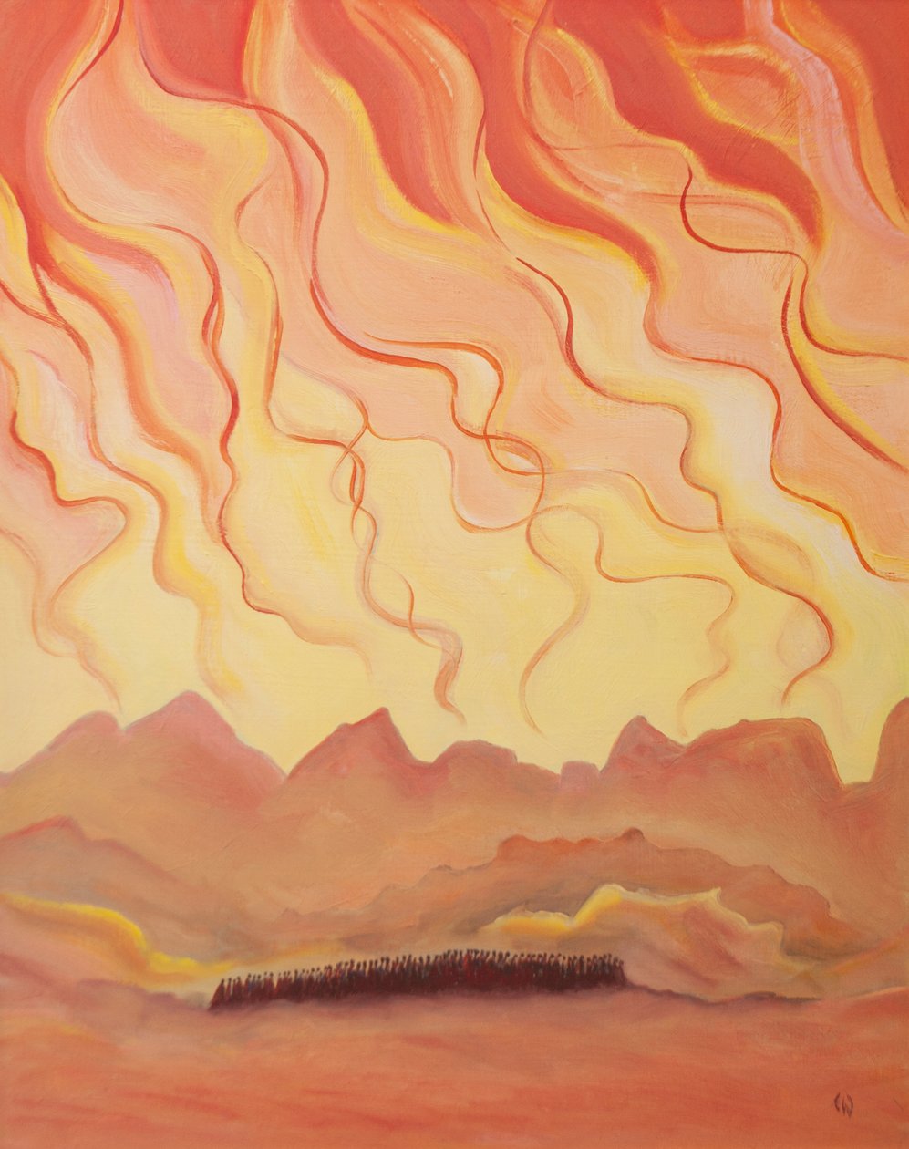 Deus é como um poderoso fogo de amor. Ciente da fragilidade humana, Ele se revelou ao Seu povo aos poucos, para não destruí-los por Sua glória, 2003 (óleo a bordo) de Elizabeth Wang