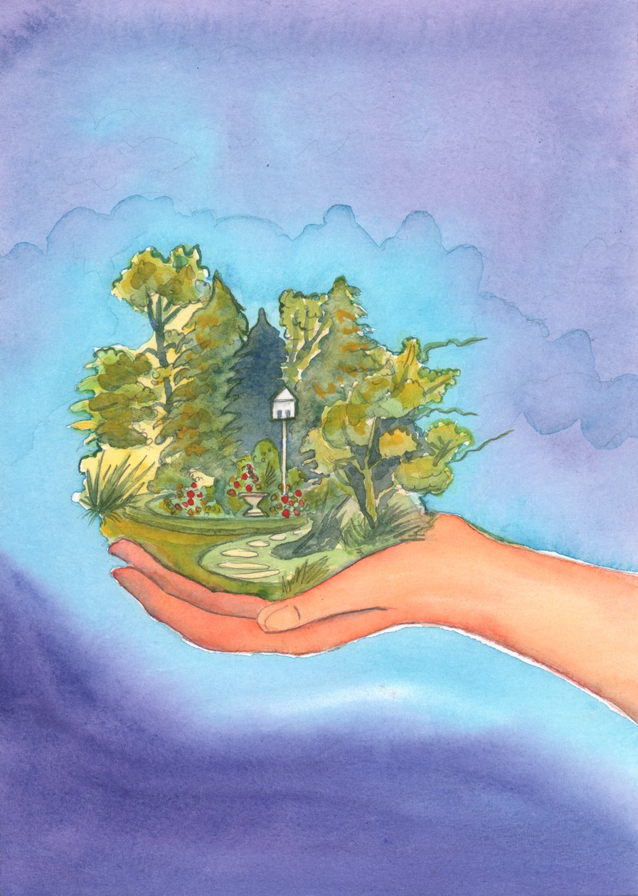 Deus fez o mundo e deu vida a tudo que vive, e Ele se deleita em nosso deleite na beleza que nos rodeia, que tem sua fonte Nele, 2002 (w - c no papel) de Elizabeth Wang