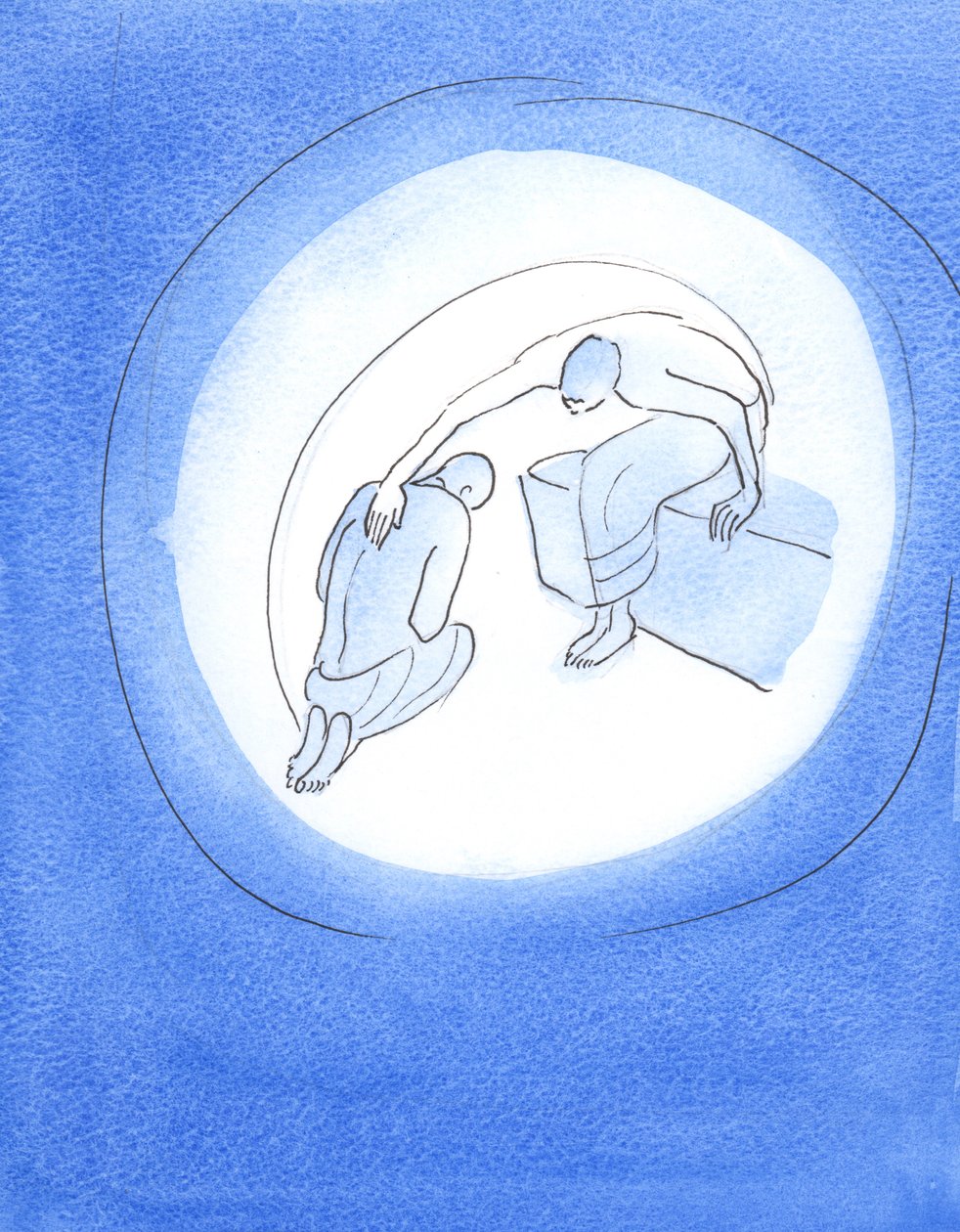 Deus Pai, ciente do terrível custo da Encarnação, estende a mão, por meio de Seu Espírito Santo, a Seu Filho Amado, que de bom grado concorda em vir à terra para nossa salvação, 2003 (w - c no papel) de Elizabeth Wang