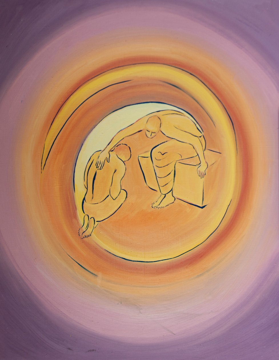 Deus Pai, ciente do terrível custo da Encarnação, estende a mão, por meio de Seu Espírito Santo, a Seu Filho Amado, que de bom grado concorda em vir à terra para nossa salvação, 2003 (w - c no papel) de Elizabeth Wang