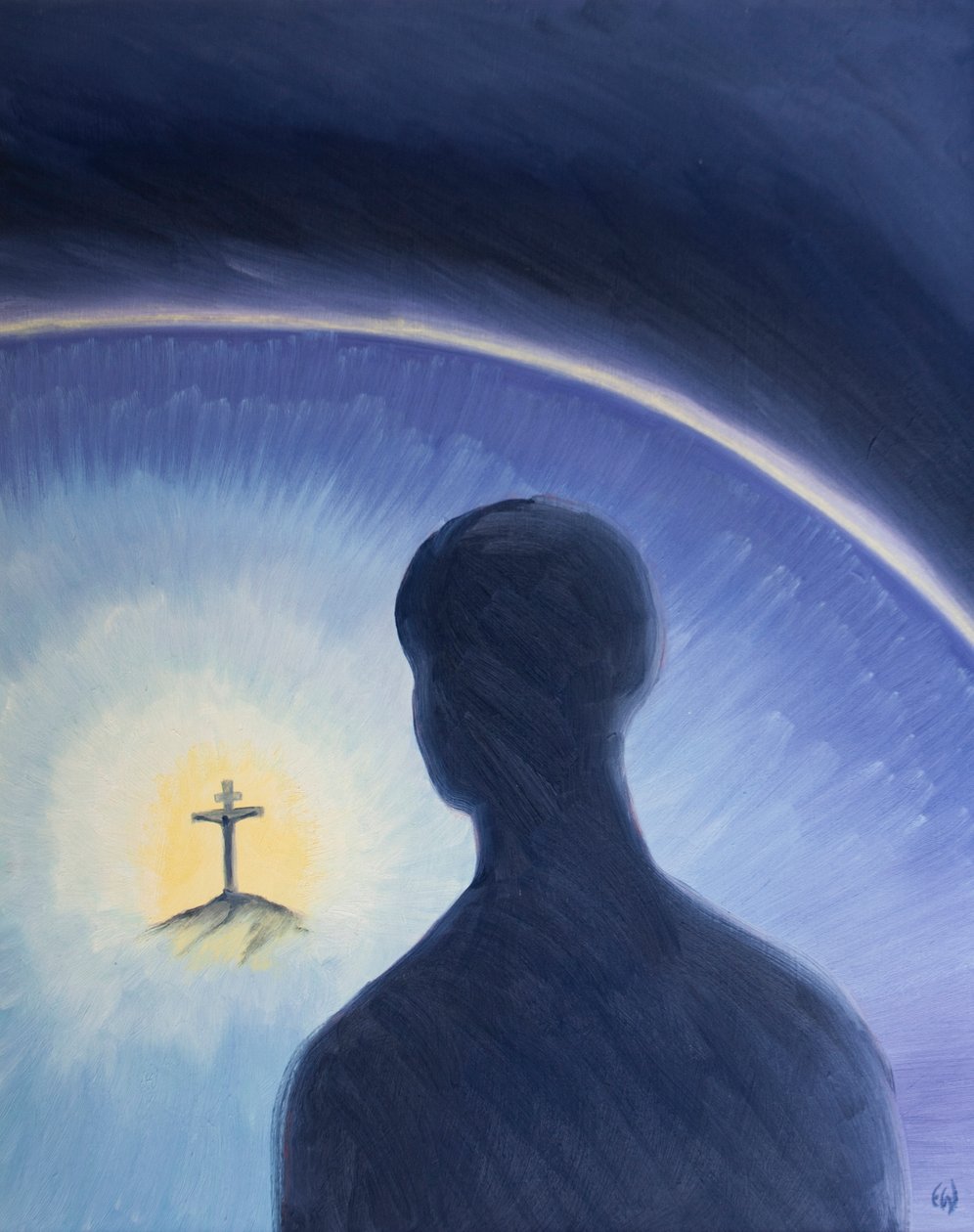 Deus, o Pai, olha para baixo com amor e admiração quando Cristo sofreu voluntariamente para cumprir Seu plano para salvar pecadores, 2003 (óleo a bordo) de Elizabeth Wang