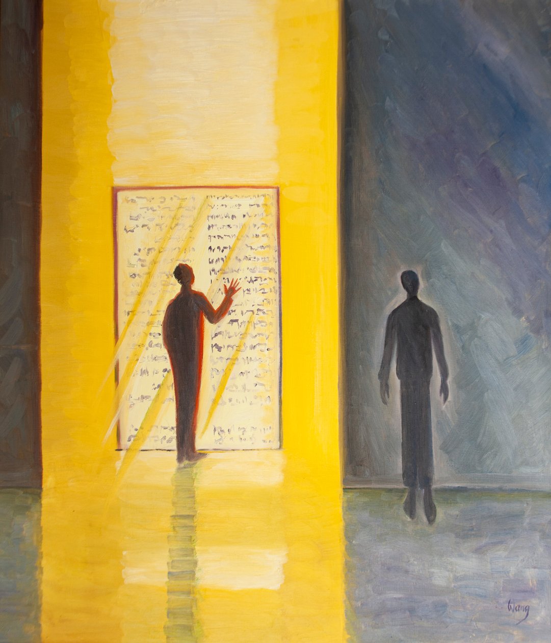 A luz e a sabedoria de Deus derramam através do texto das Sagradas Escrituras sobre todos os que as abordam com humildade e fé, 2001 (óleo a bordo) de Elizabeth Wang