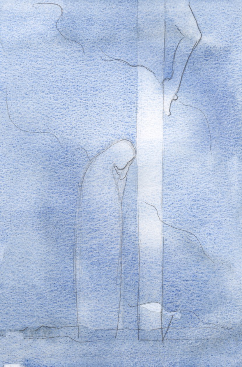 Ele direcionou minha visão para Seu Precioso Sangue, derramado por nossos pecados, e para Sua Santa Cruz, claramente à vista., 2001 (w - c no papel) de Elizabeth Wang