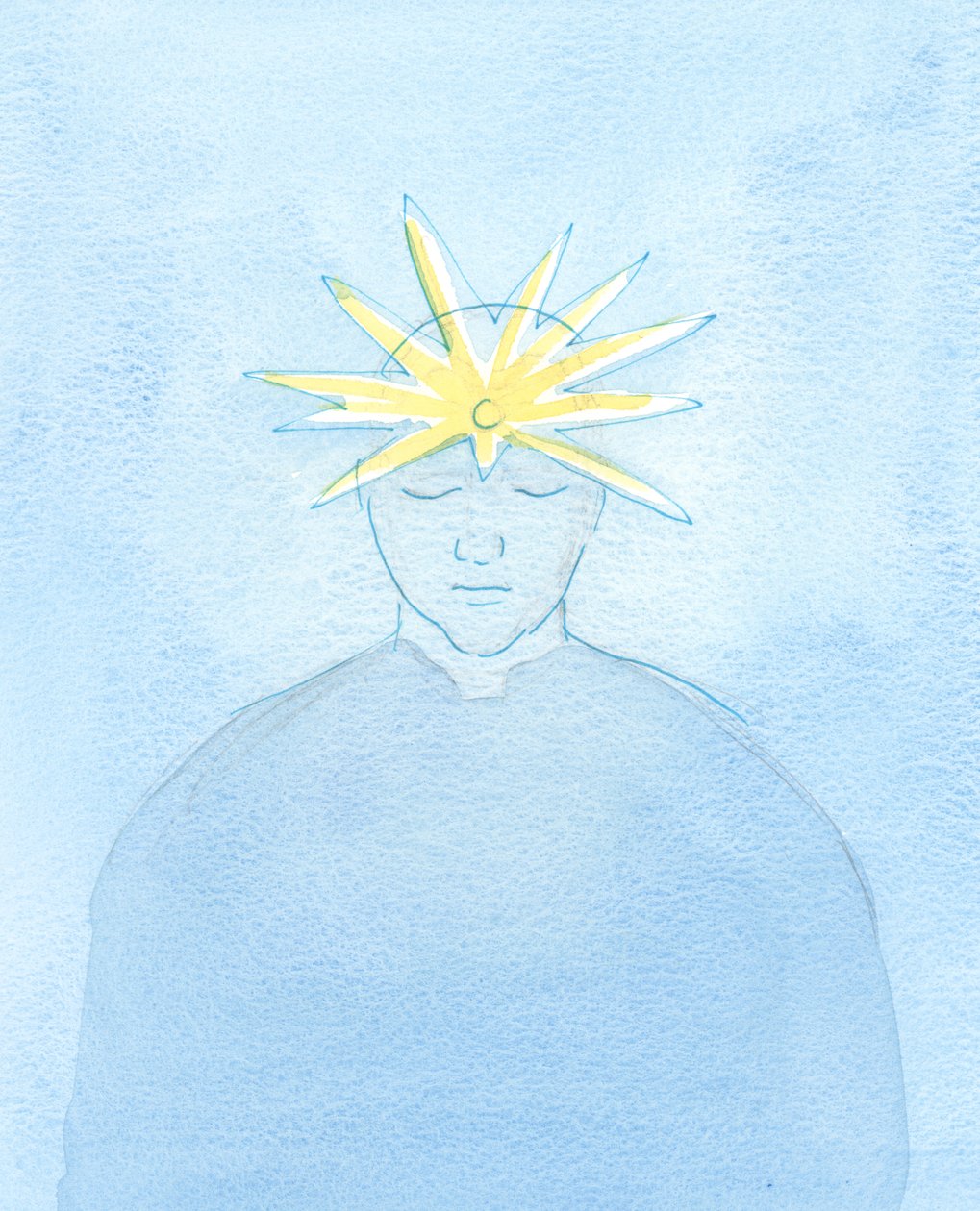 Ele havia sido transformado por sua sagrada comunhão e pela oração de um amigo. Em sua testa brilhou uma nova gema, que irradiava uma luz extraordinária: sinal de uma virtude particular, 2003 (w - c no papel) de Elizabeth Wang