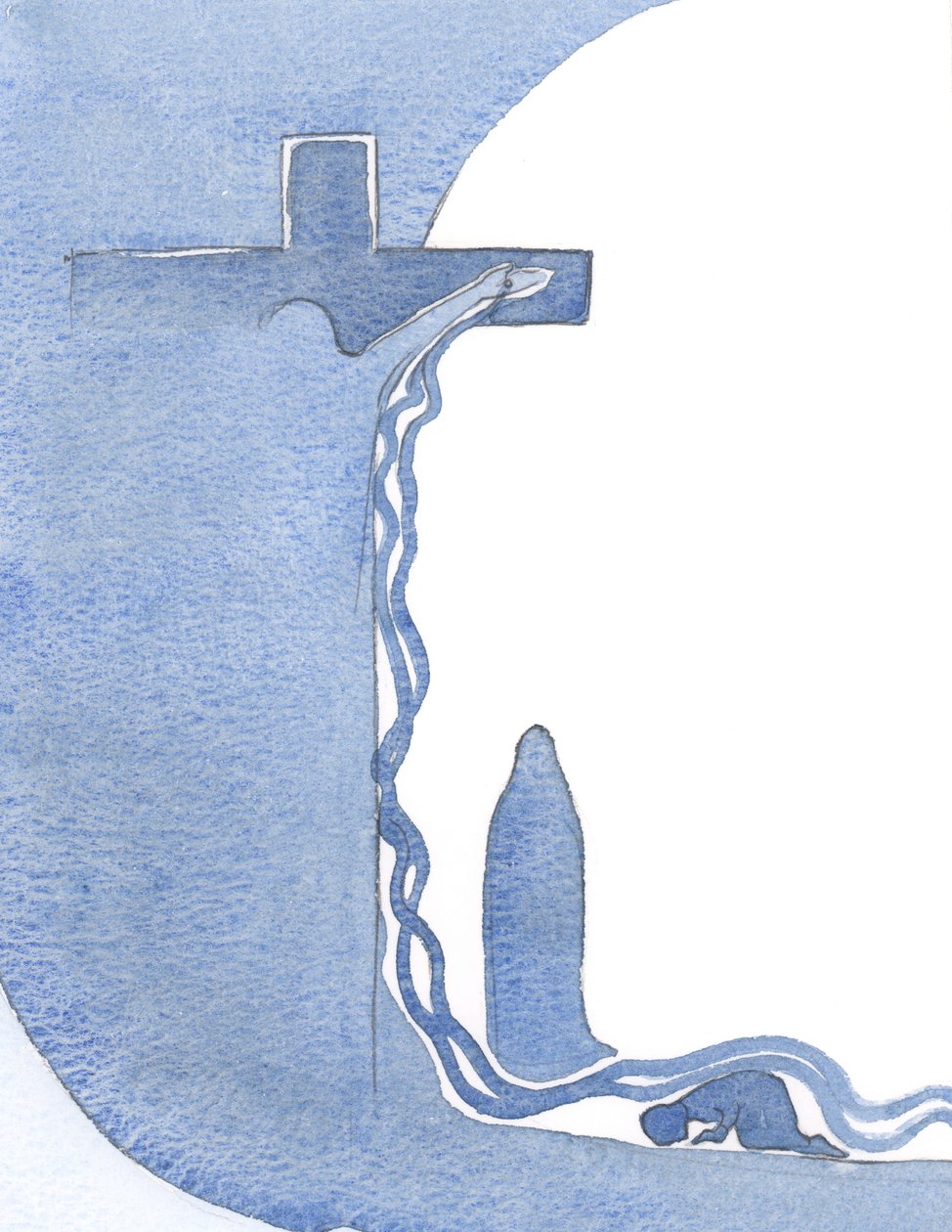 Ele me mostrou a Cruz, na posição vertical, Sua Mãe embaixo dela, e Seu Sangue em um grande derramamento, fluindo sobre mim., 2000 (w - c no papel) de Elizabeth Wang