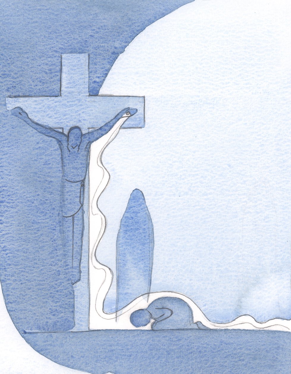 Ele me mostrou a Cruz, na posição vertical, Sua Mãe embaixo dela, e Seu Sangue em um grande derramamento, fluindo sobre mim., 2000 (w - c no papel) de Elizabeth Wang