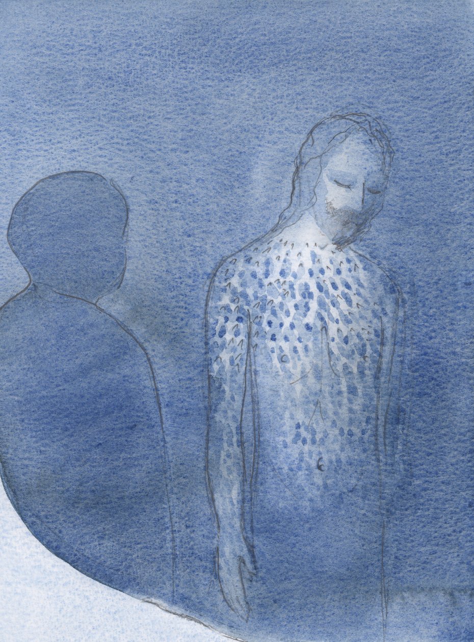 Ele me mostrou a aparência de Suas feridas após Seu Açoite, e mostrou como nossos sacrifícios, unidos aos Seus, podem ser oferecidos em uma oração ao Pai., 2001 (w - c no papel) de Elizabeth Wang