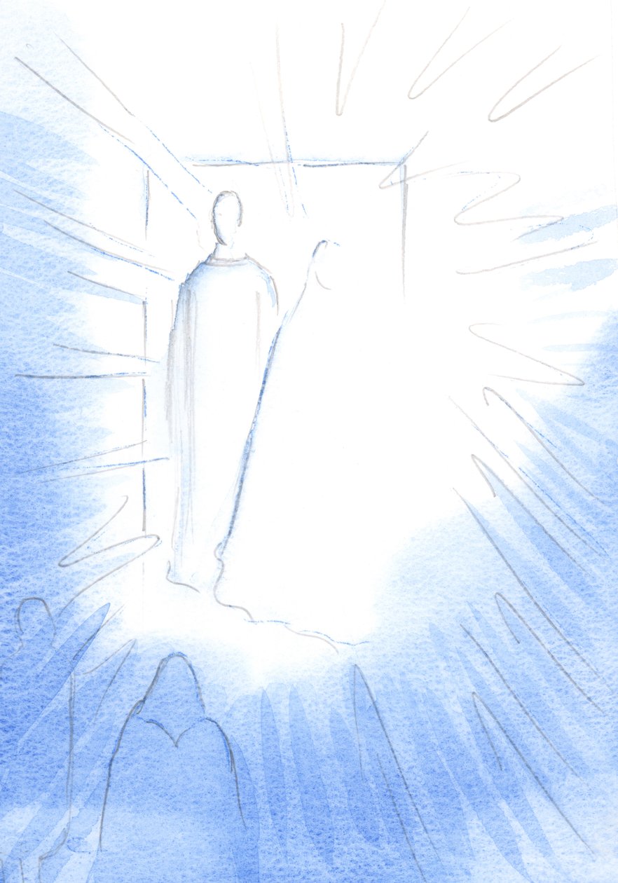 A porta do céu se abriu, parecia, em oração, em um aniversário especial, para revelar os amigos do céu, e a glória do céu, 2002 (w - c no papel) de Elizabeth Wang