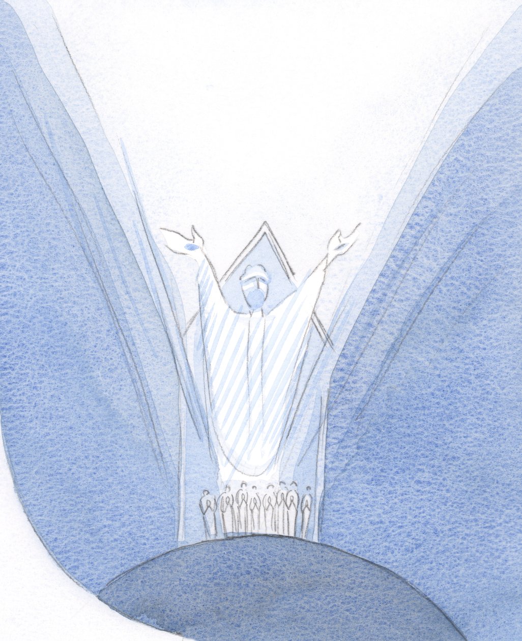 Aqui, durante a Missa, Cristo está realmente presente connosco, na Terra, rezando ao Pai, connosco reunidos à sua volta., 2001 (c - c no papel) de Elizabeth Wang