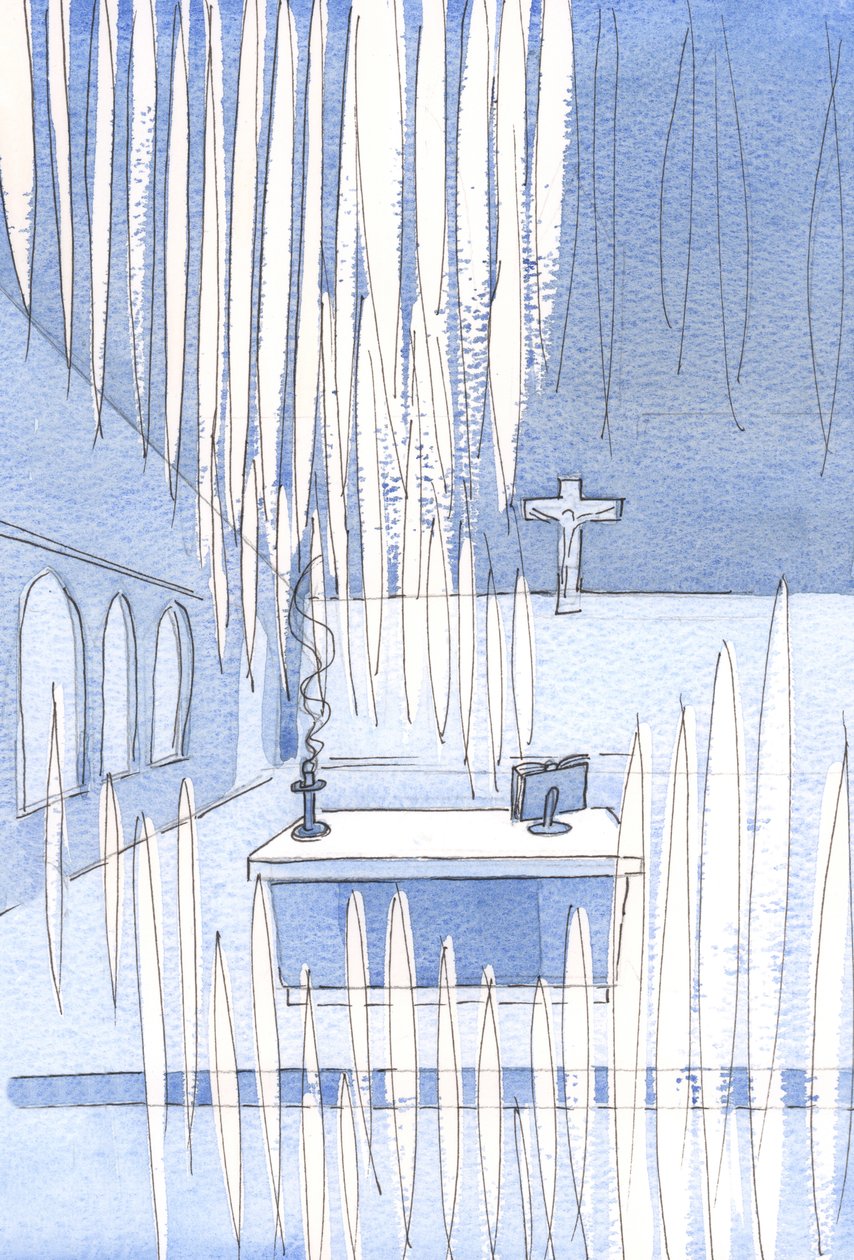 Quantos anjos! Um grande número reuniu-se dentro da Igreja para celebrar a Festa de Nossa Senhora, por mais que fossem poucos os fiéis., 2001 (w - c no papel) de Elizabeth Wang
