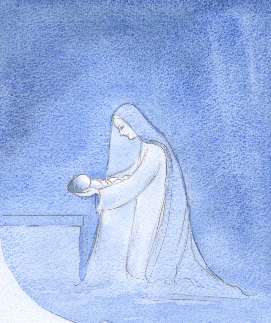 Com que simplicidade Mary, ajoelhada, colocou seu bebê para dormir, sem se preocupar com pensamentos de seu próprio papel privilegiado., 2001 (w - c no papel) de Elizabeth Wang