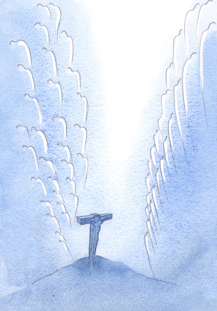 Como os Anjos, milhares deles, estremeceram de horror quando o próprio Filho de Deus morreu no Calvário, em Sua rendição e louvor infinito ao Pai., 2001 (w - c no papel) de Elizabeth Wang