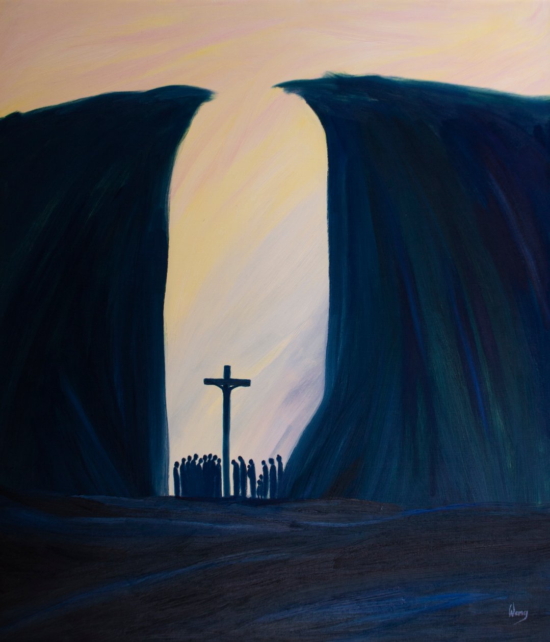 Por menor que seja, isolada ou perseguida nossa comunidade seja, Cristo está entre nós na missa, como se estivesse em um abismo, 2001 (óleo a bordo) de Elizabeth Wang