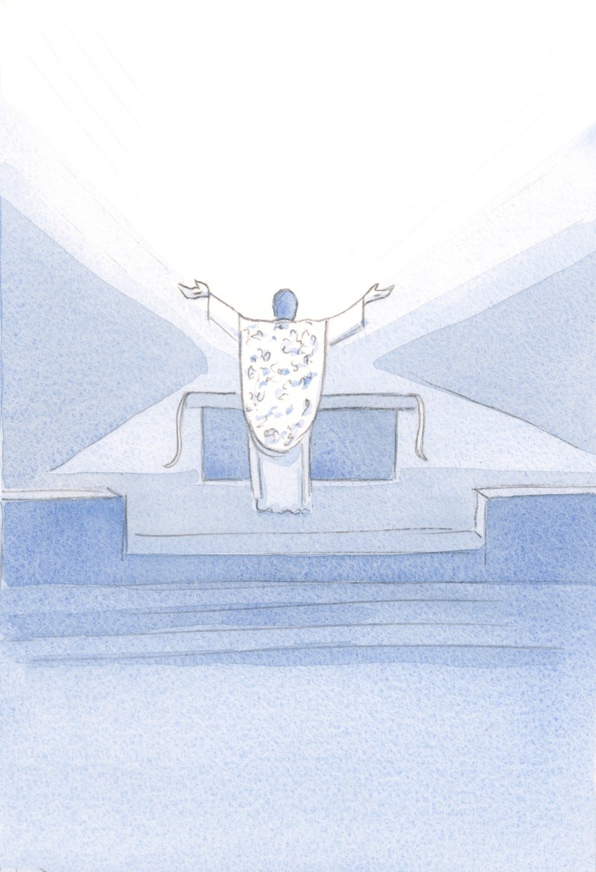 Eu vi Cristo, após a Consagração. Ele estava diante do altar, com as mãos levantadas, orando Suas orações sacerdotais (as nossas também) ao Pai acima., 2001 (w - c no papel) de Elizabeth Wang