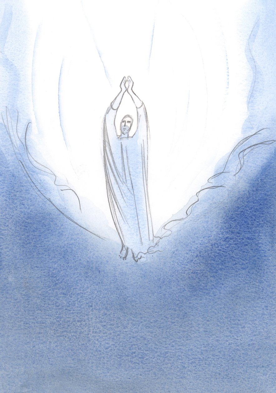 Vi Cristo à beira do céu, com os braços estendidos em oração: tudo o que peço ao Pai, Jesus no céu pede por mim., 2001 (w - c no papel) de Elizabeth Wang