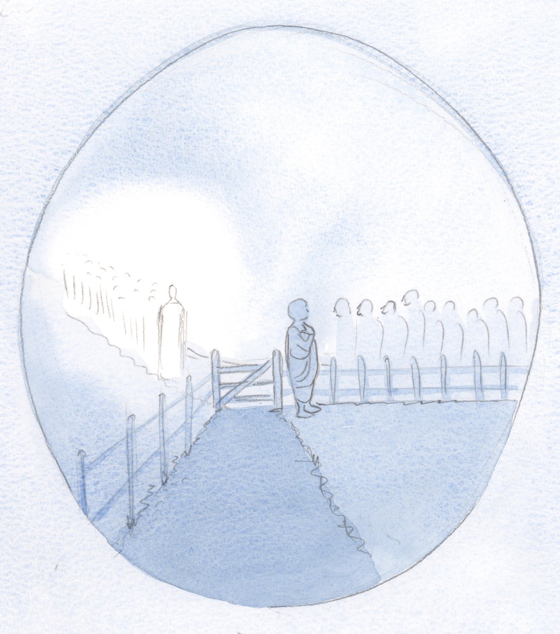 Eu vi uma alma vaidosa como uma pequena camponesa cheia de auto-importância, esperando por um visitante real. Mas seus pés perfurados estavam descalços., 2001 (w - c no papel) de Elizabeth Wang