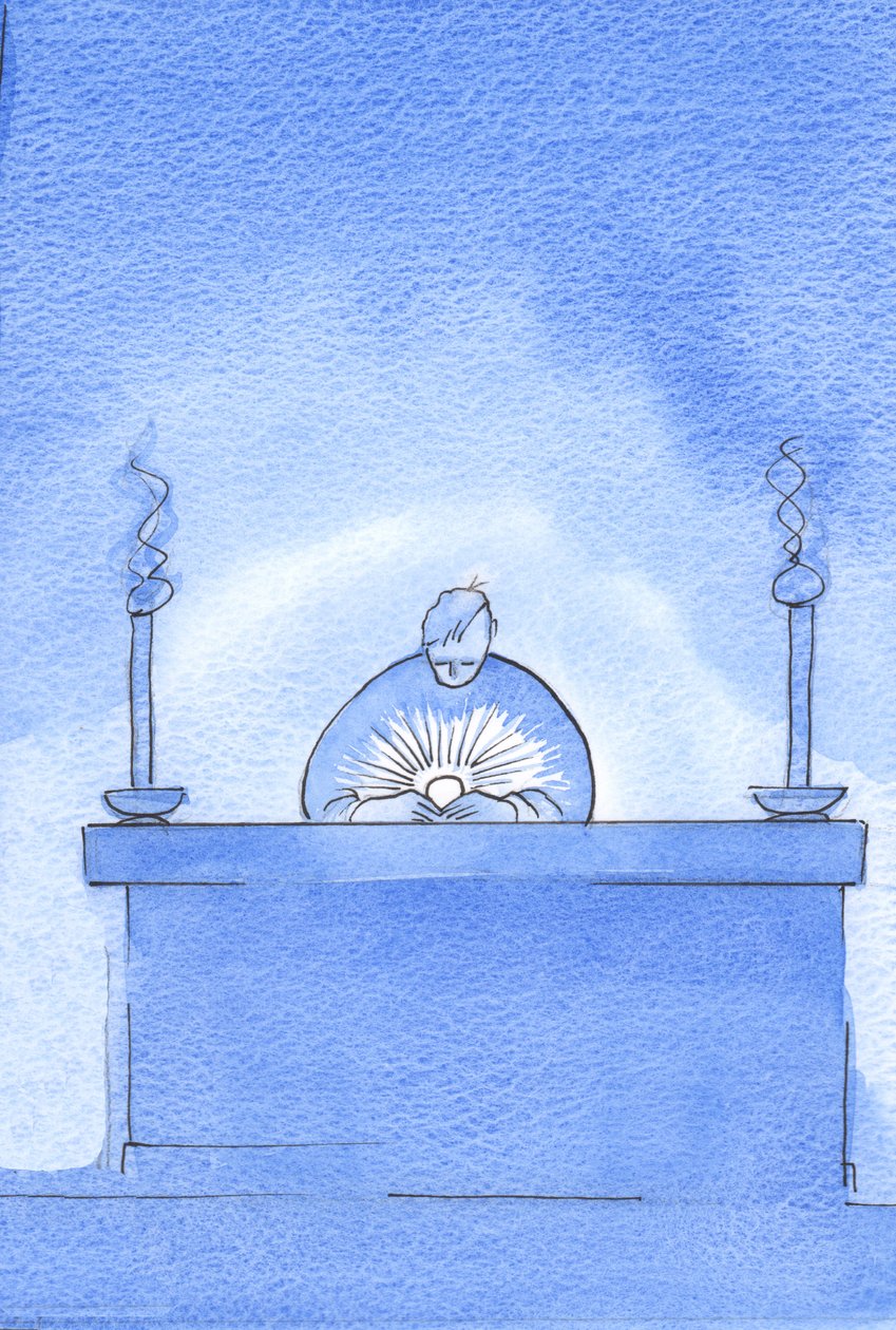 Eu vi raios de luz fluindo da Hóstia Sagrada: lembretes da Divindade de Cristo e da origem da imagem da "Luz Radiante", 2003 (w - c no papel) de Elizabeth Wang