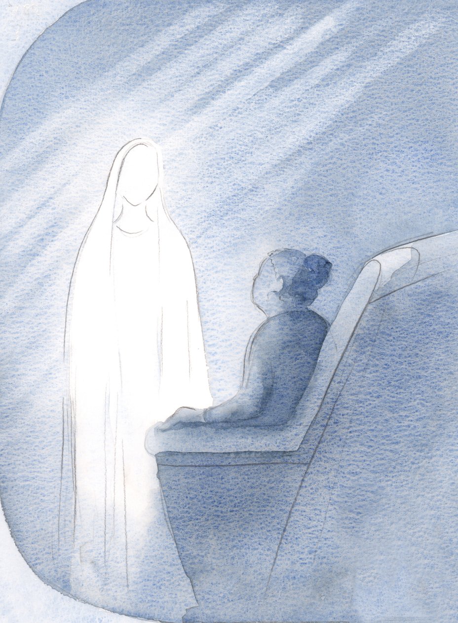 Fiquei em oração com a Virgem Maria, esta rainha e verdadeira mãe, pedindo sua ajuda para a igreja e para o mundo, 2000 (w - c no papel) de Elizabeth Wang