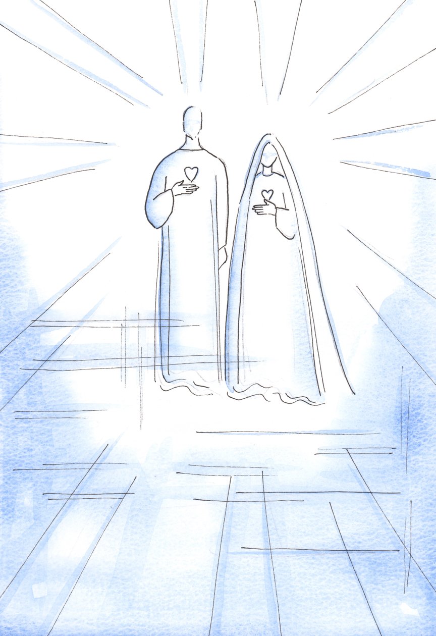 Foi-me mostrado os Dois Corações: do Cristo sem pecado e de Sua Imaculada Mãe, na Radiante Luz do Céu, 2002 (w - c no papel) de Elizabeth Wang