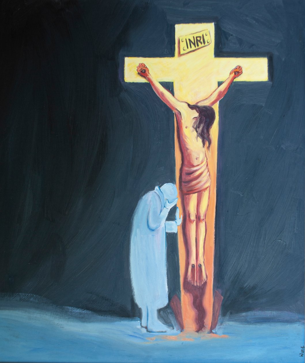Se os nossos sofrimentos dificultam a oração, podemos simplesmente apoiar-nos na Cruz, perto de Cristo, repousar Nele e suportar pacientemente as nossas dificuldades, 2000 (óleo a bordo) de Elizabeth Wang